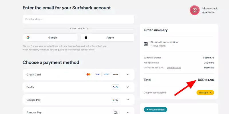 surfshark checkout